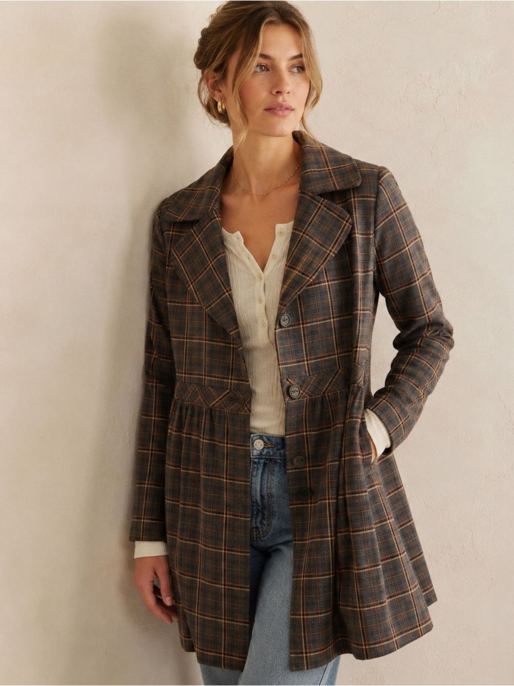 Nordstrom Susina Plaid Lightweight Jacket Babydoll Coat Brown Rust Grey Gold | M